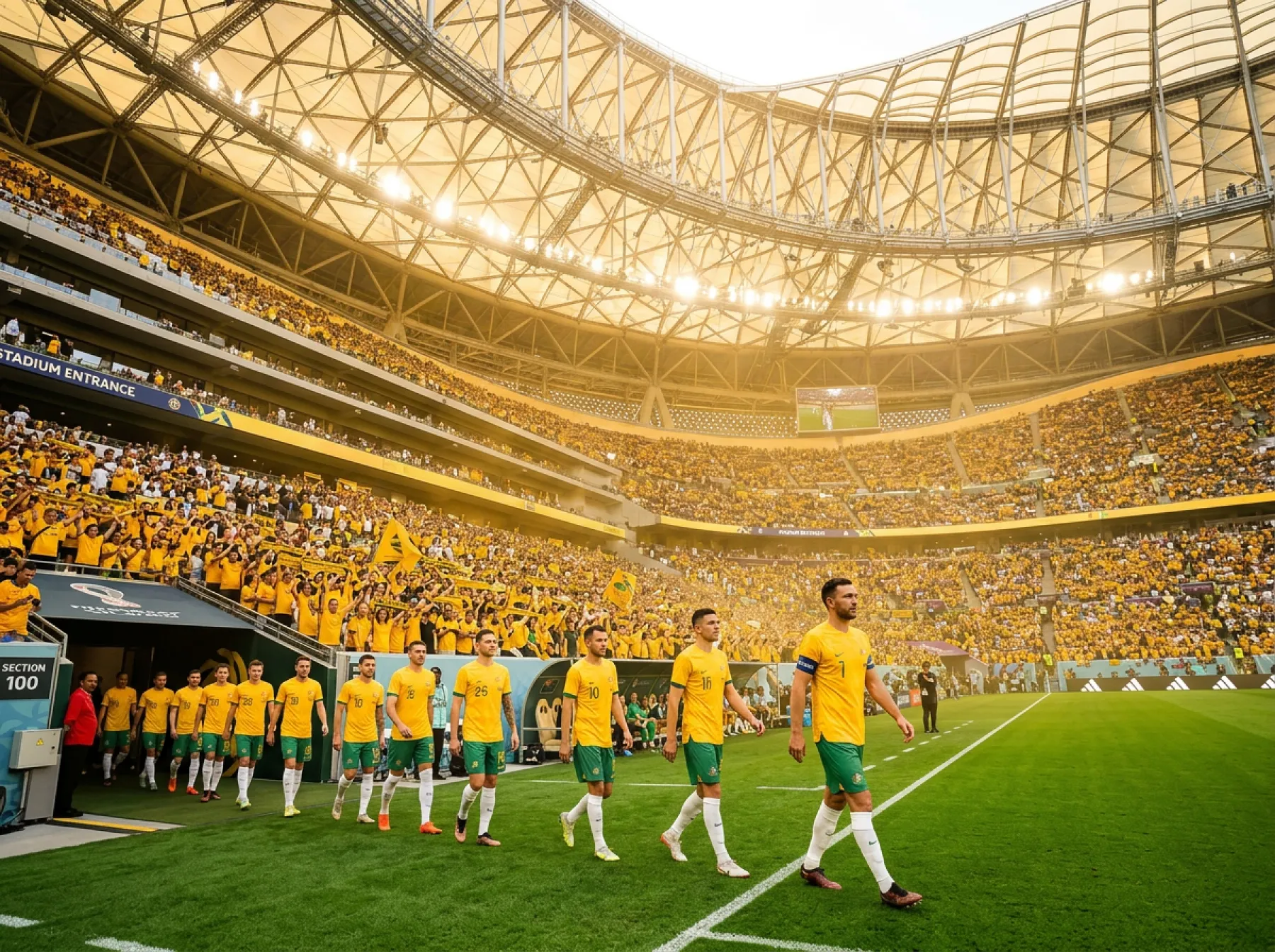 Australia Socceroos squad in gold jerseys preparing for the 2026 FIFA World Cup