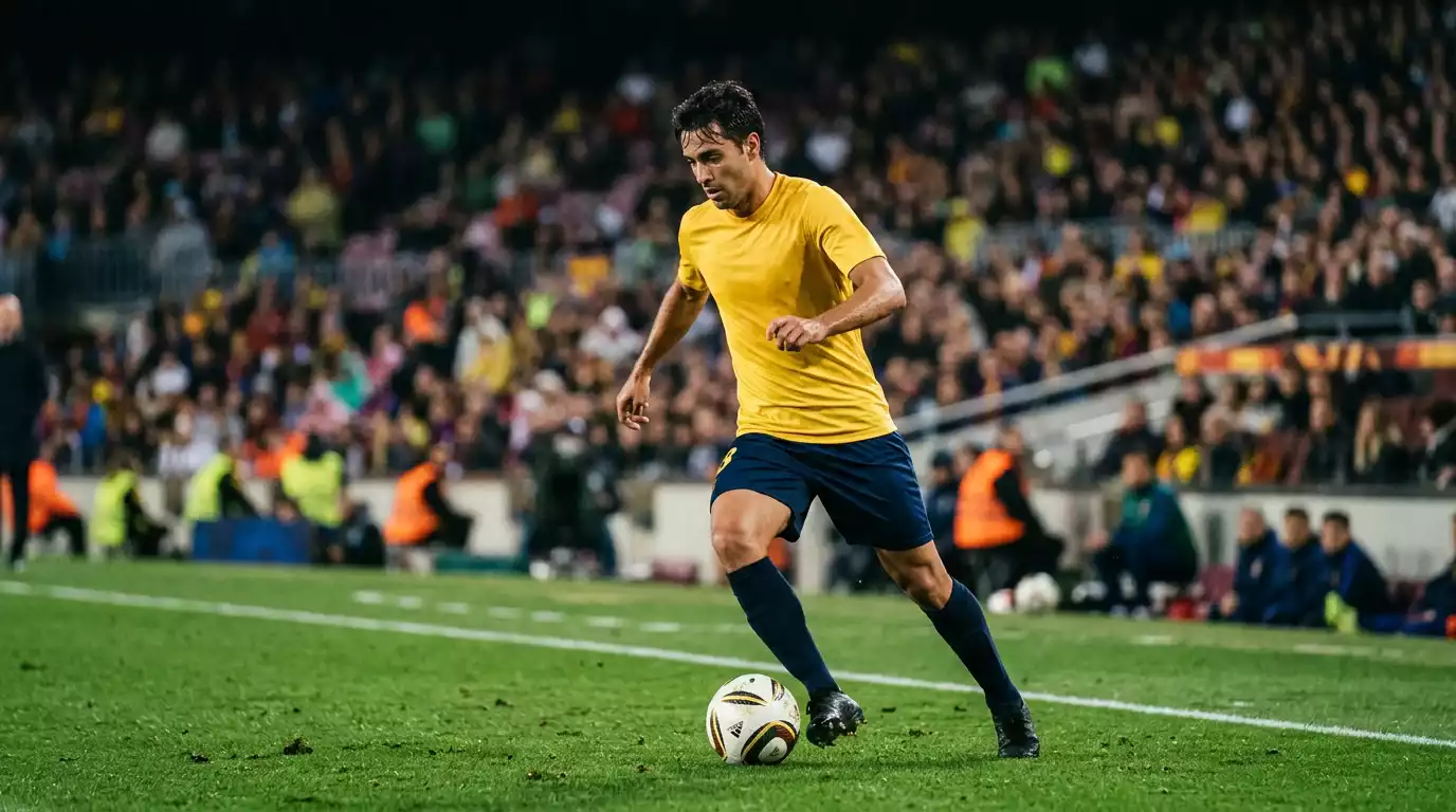 A footballer in a plain yellow kit controlling the ball during an evening World Cup 2026 match