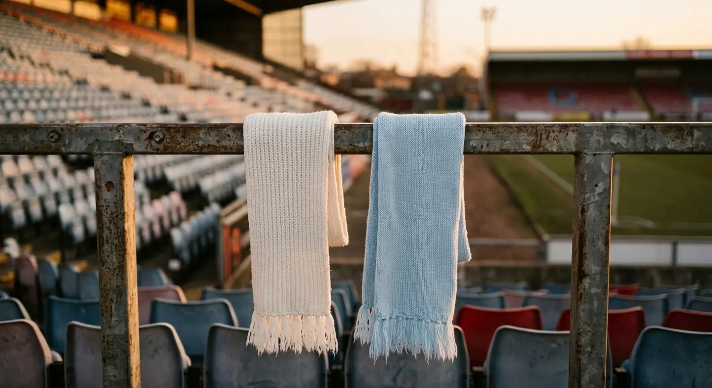 Two football scarves in contrasting colours draped over a stadium barrier under evening light