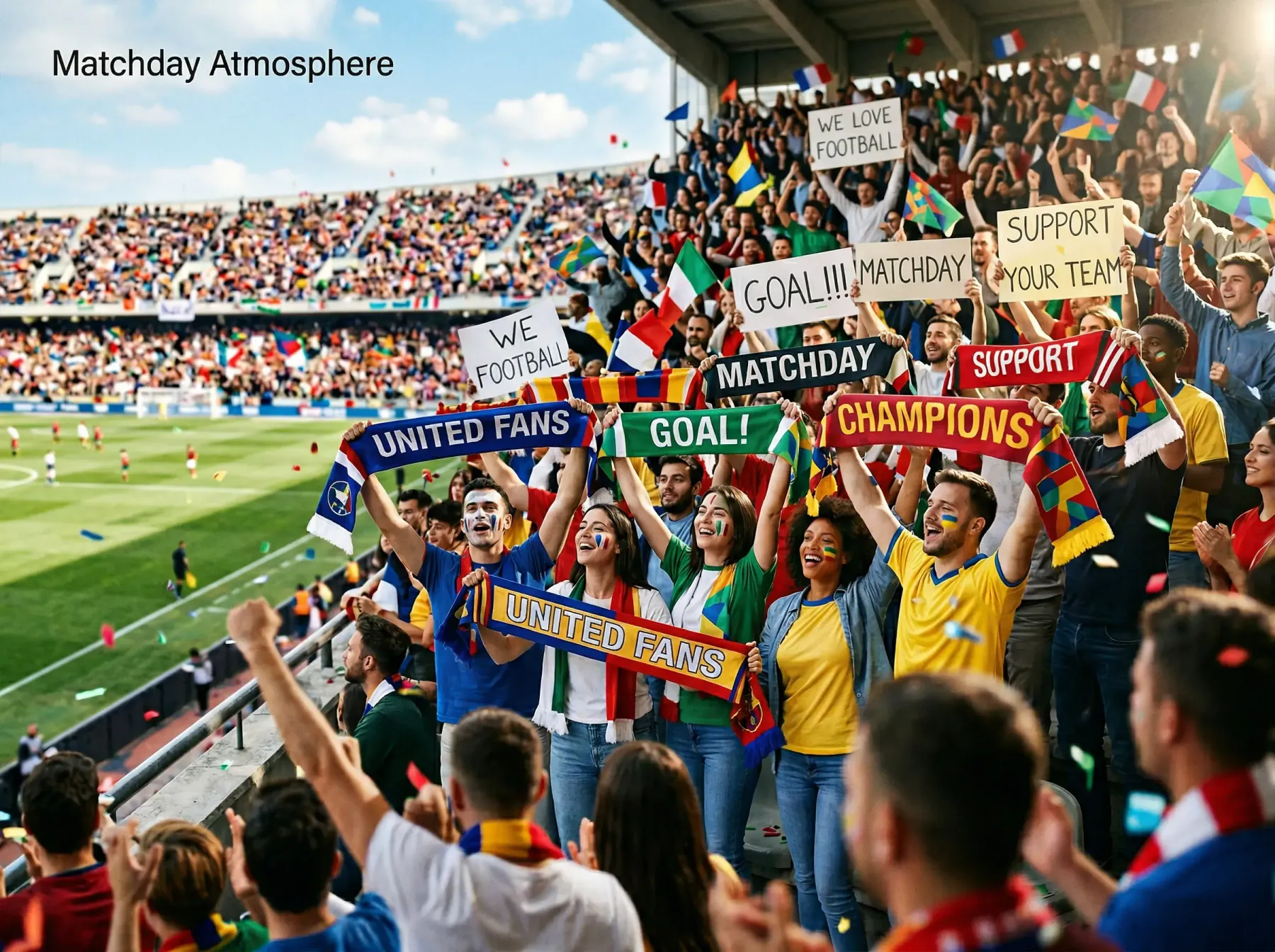 Enthusiastic football fans waving scarves and flags in a packed World Cup stadium during the day