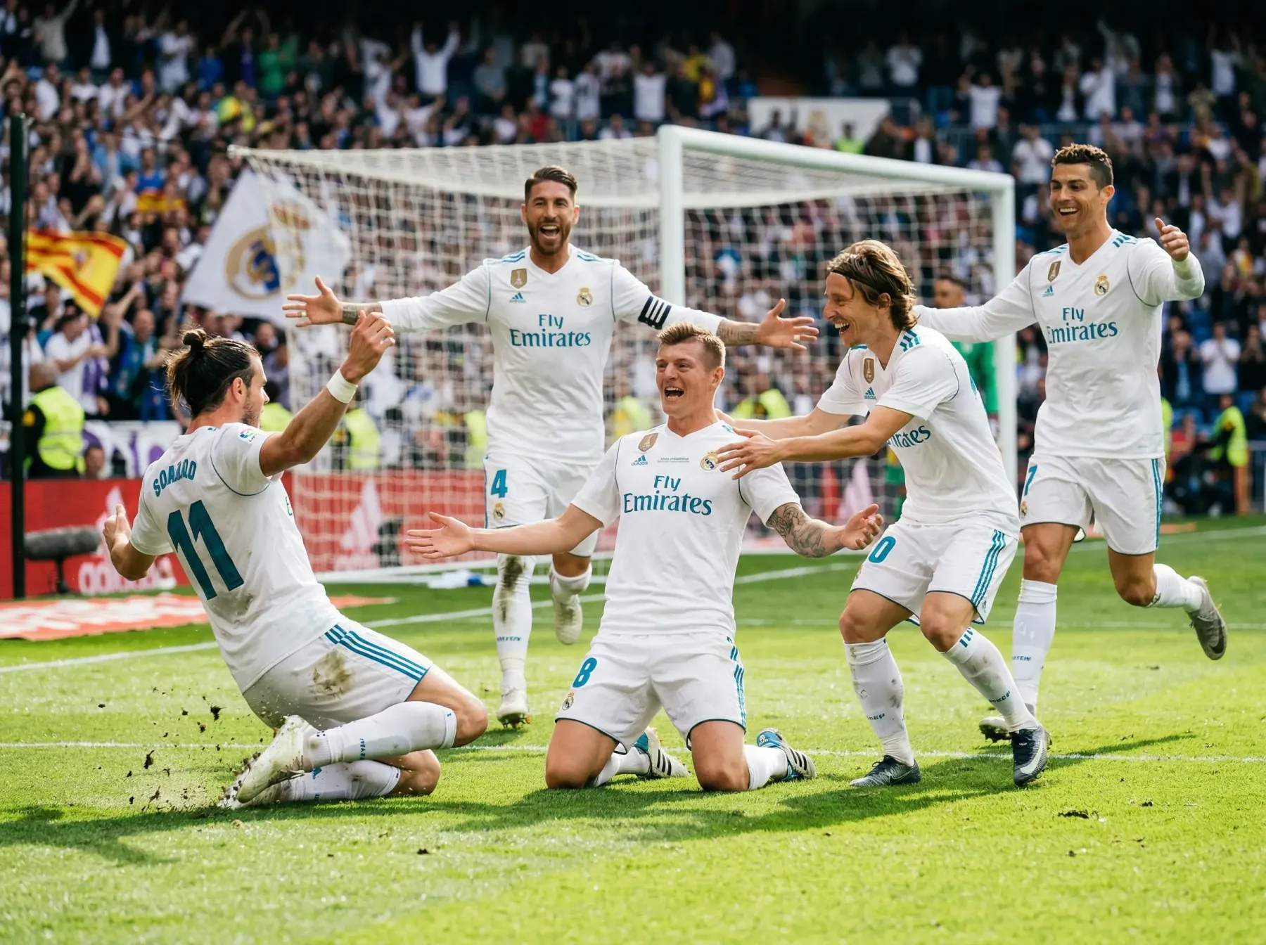 National team footballers in white kits celebrating a goal together on a sunlit World Cup pitch