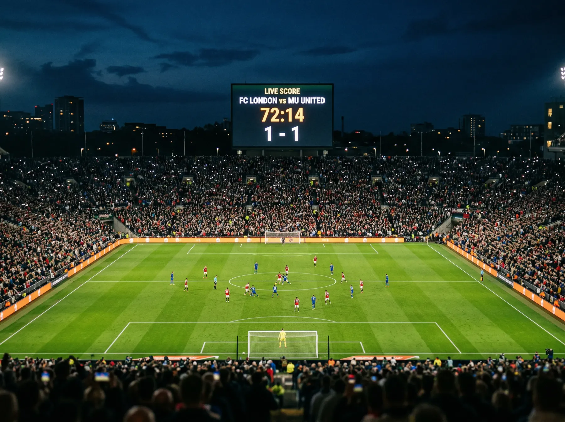 Large electronic scoreboard glowing above a football pitch during a floodlit World Cup night match