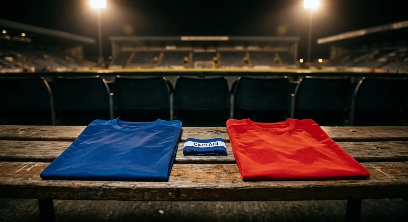 Two contrasting team jerseys, one blue and one red, laid side by side on a stadium bench under floodlights