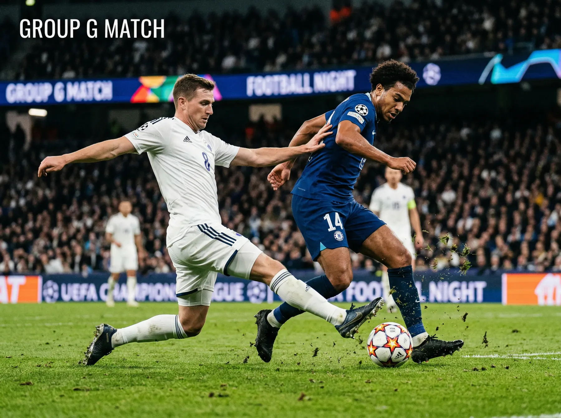 Two football players from rival national teams battling for the ball during an intense World Cup group-stage match