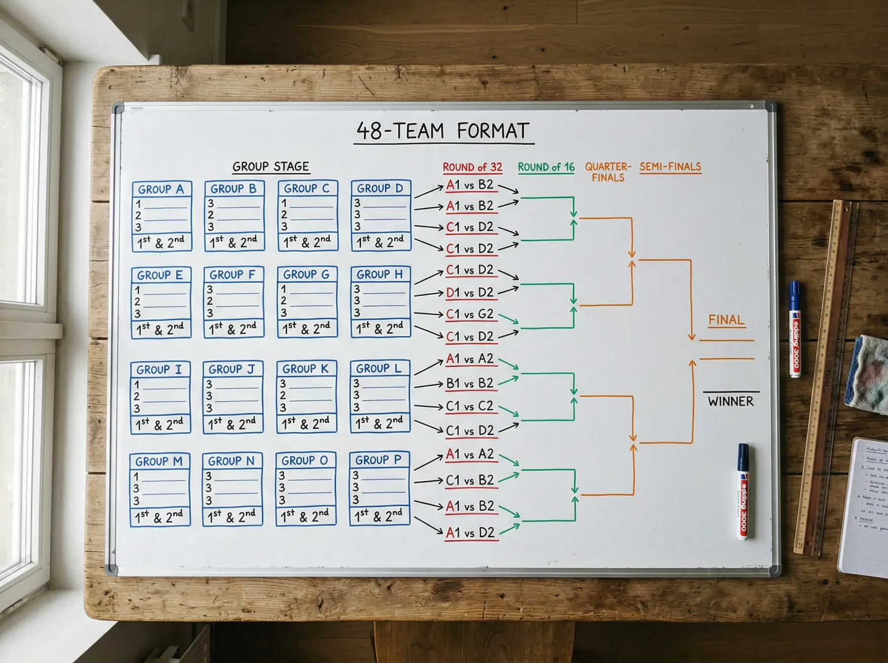 Visual breakdown of the 48-team World Cup format showing twelve groups feeding into a round of 32 knockout bracket