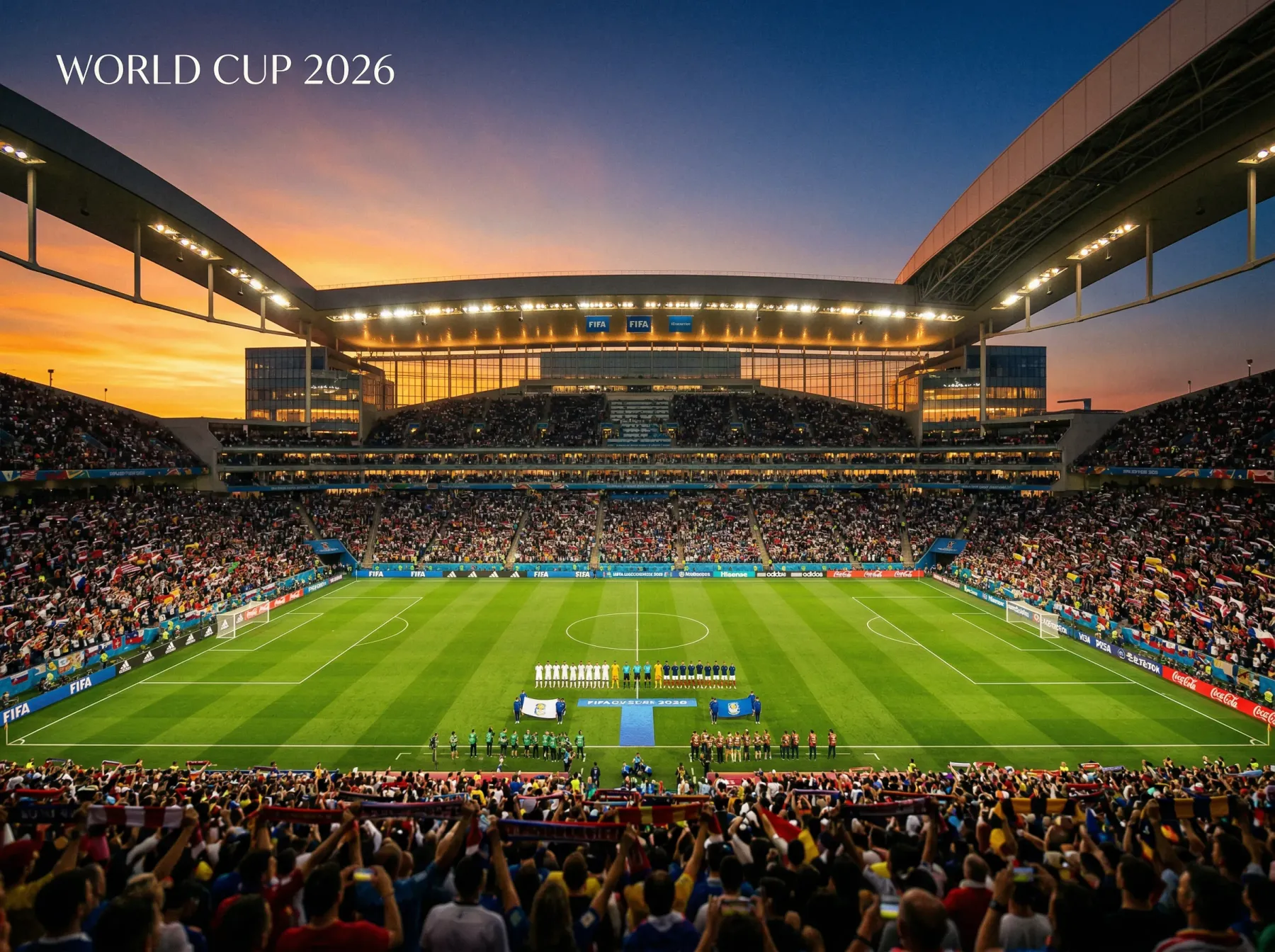 Packed football stadium under floodlights during a 2026 FIFA World Cup group-stage match in North America
