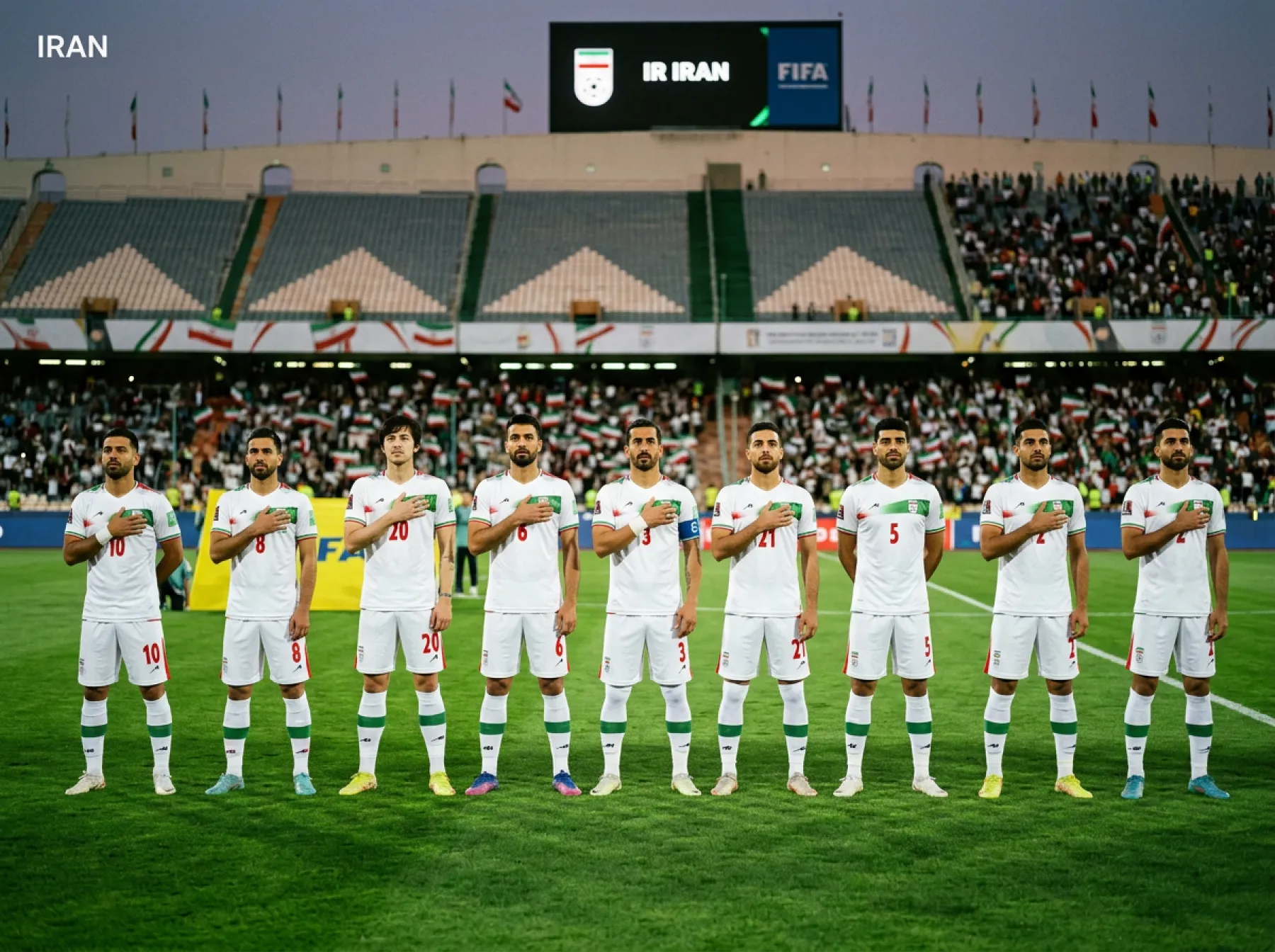 Iran national football team in white away kit during an AFC World Cup qualifier