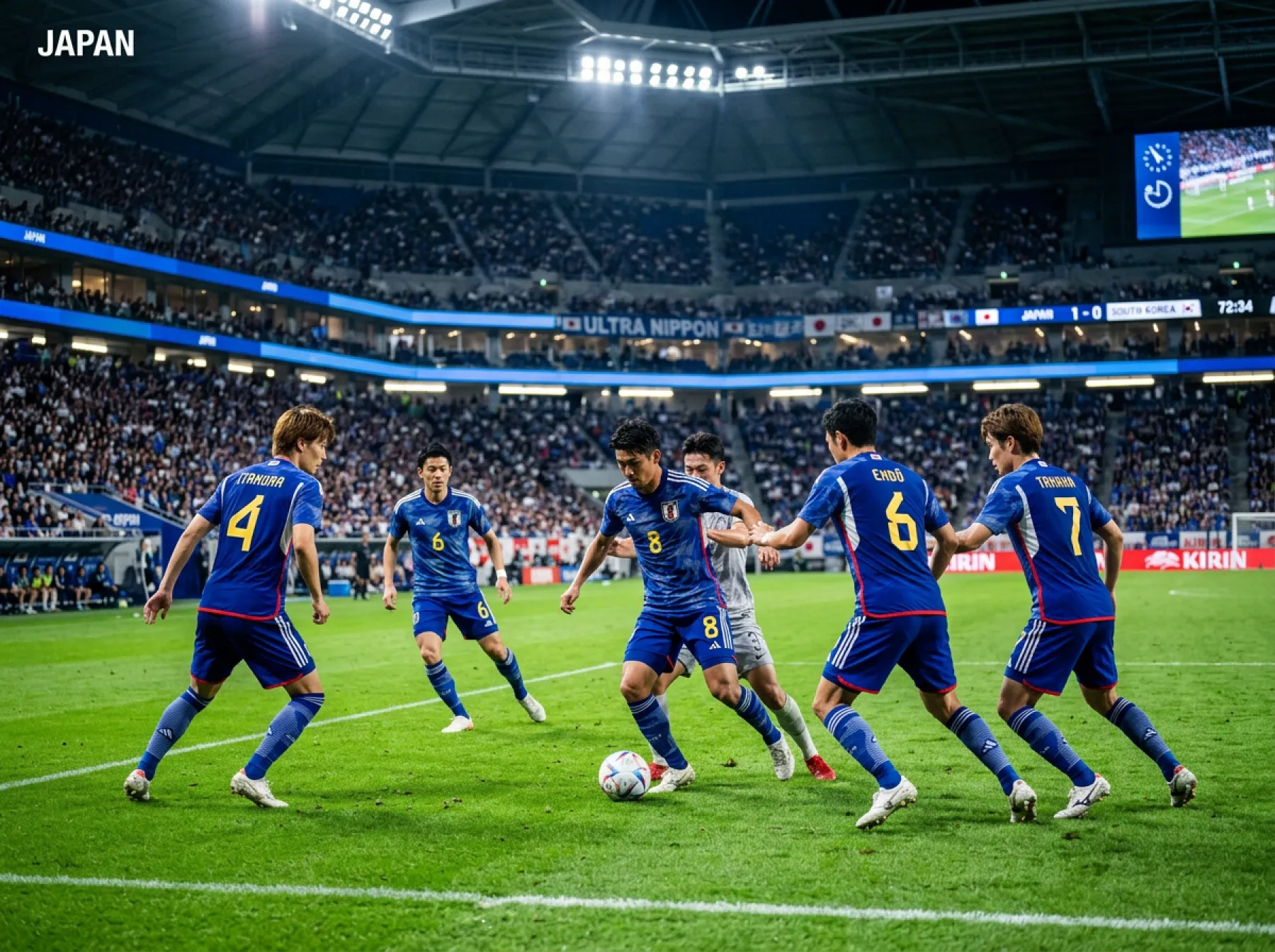 Japan national football team in blue home kit during a 2026 World Cup qualifier