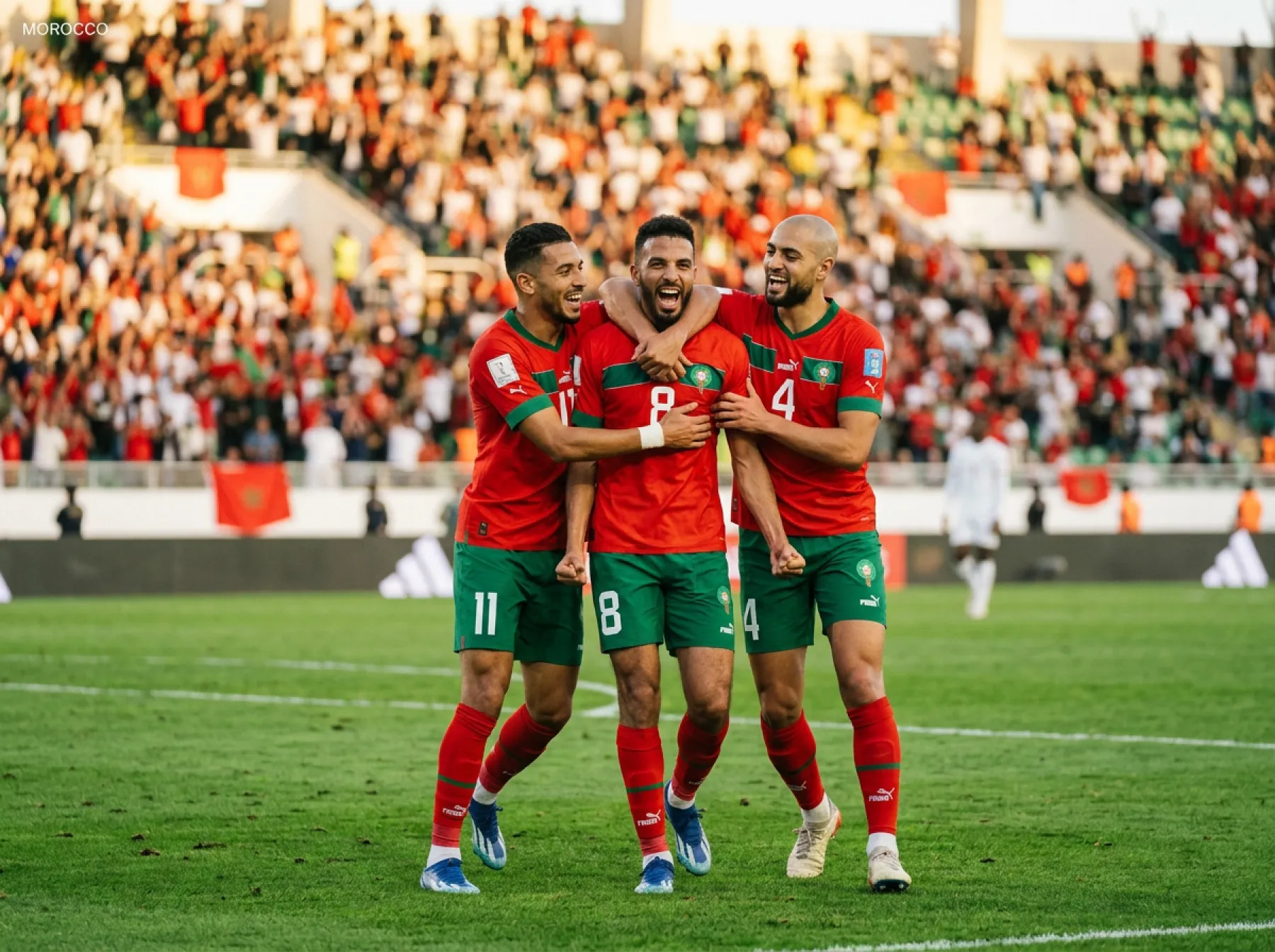 Morocco national football team celebrating during a 2026 World Cup qualifier