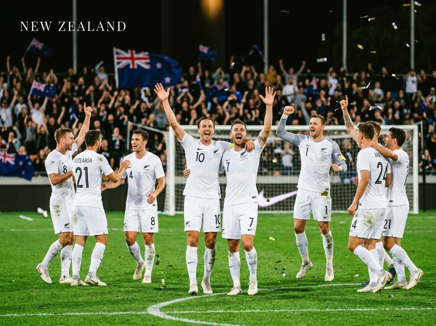 All Whites players celebrating qualification for the 2026 FIFA World Cup