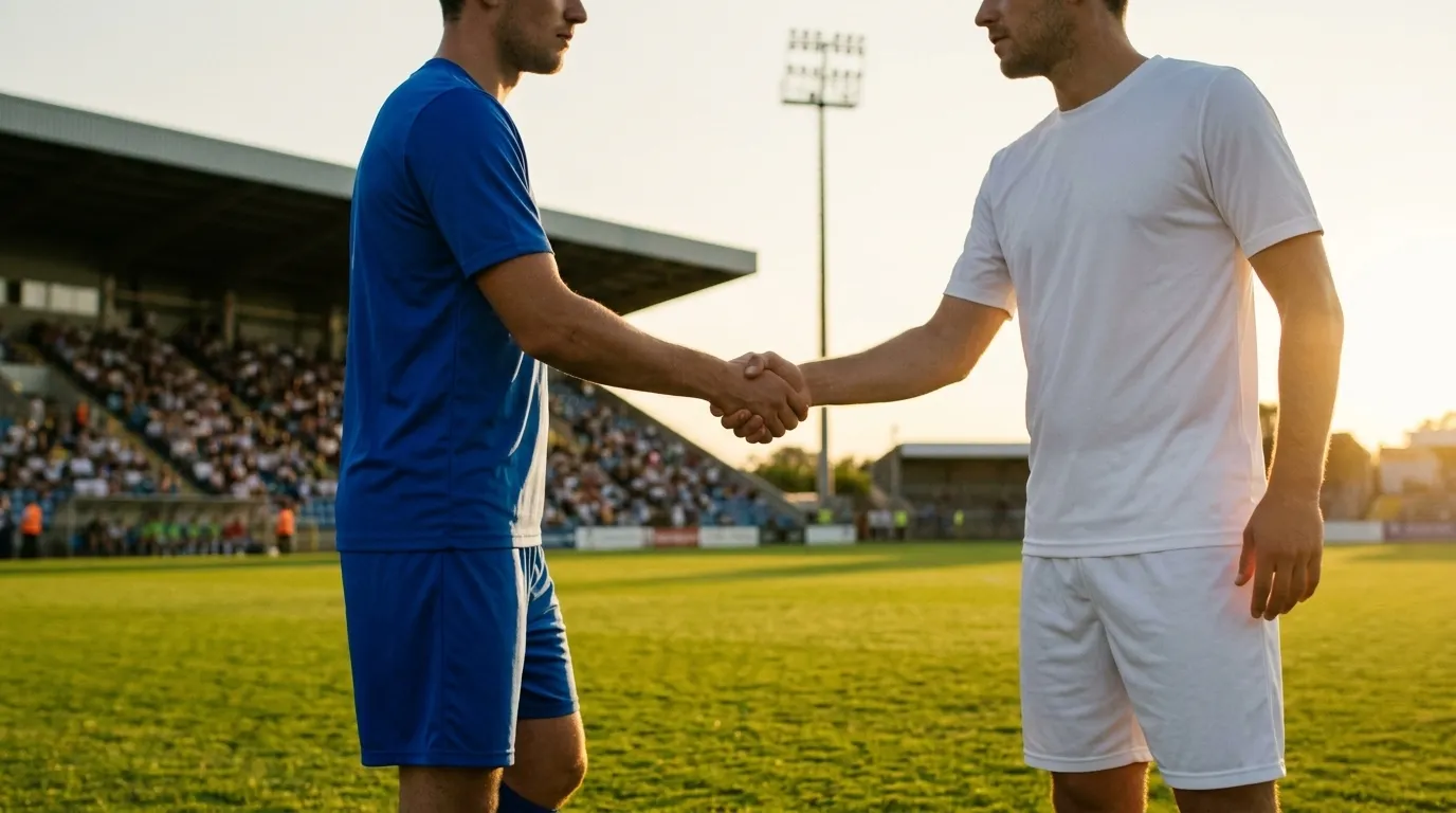 Two footballers shaking hands before a World Cup 2026 knockout match on a sunlit pitch