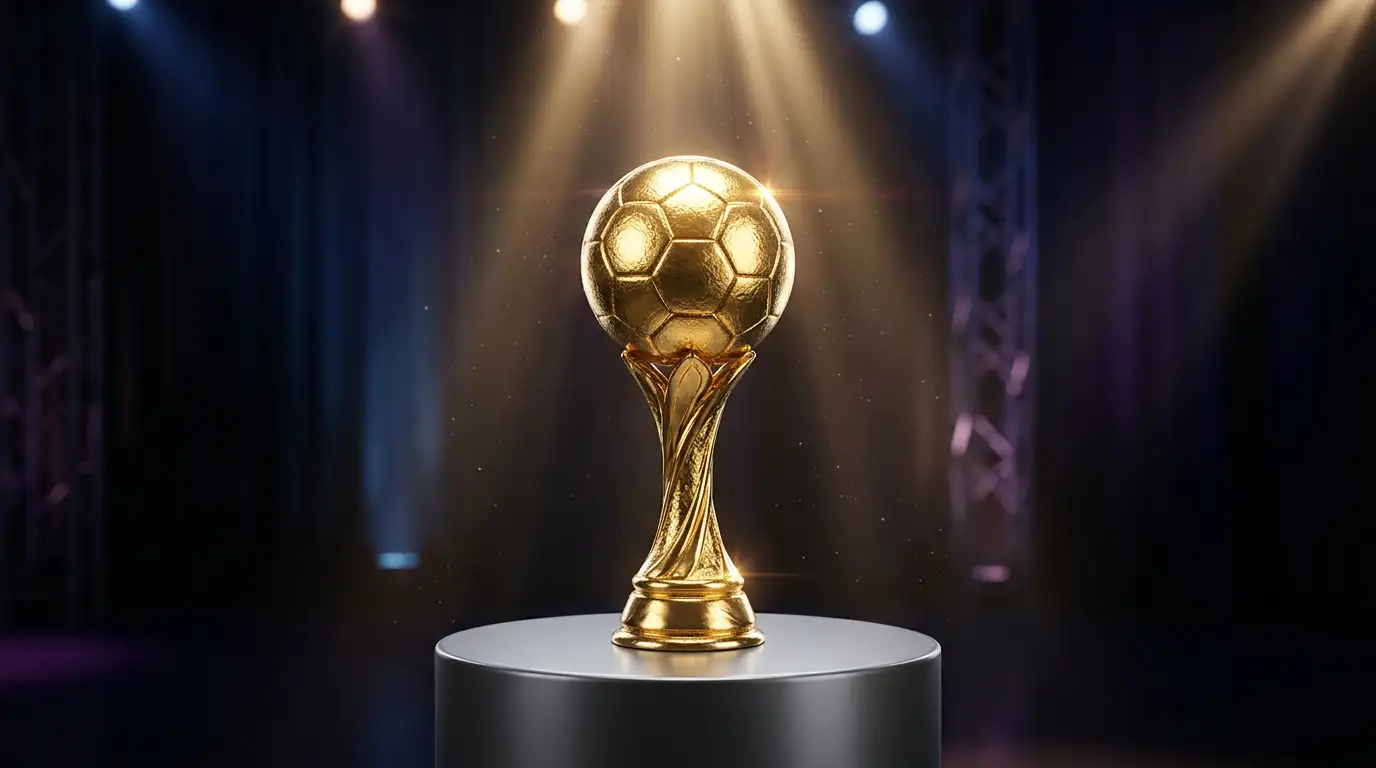 A golden football trophy on a pedestal under stage lighting