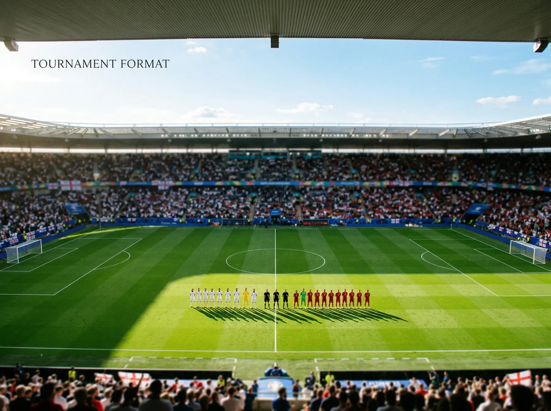 Panoramic view of a green football pitch with two full teams lined up before kickoff at a sunlit World Cup venue