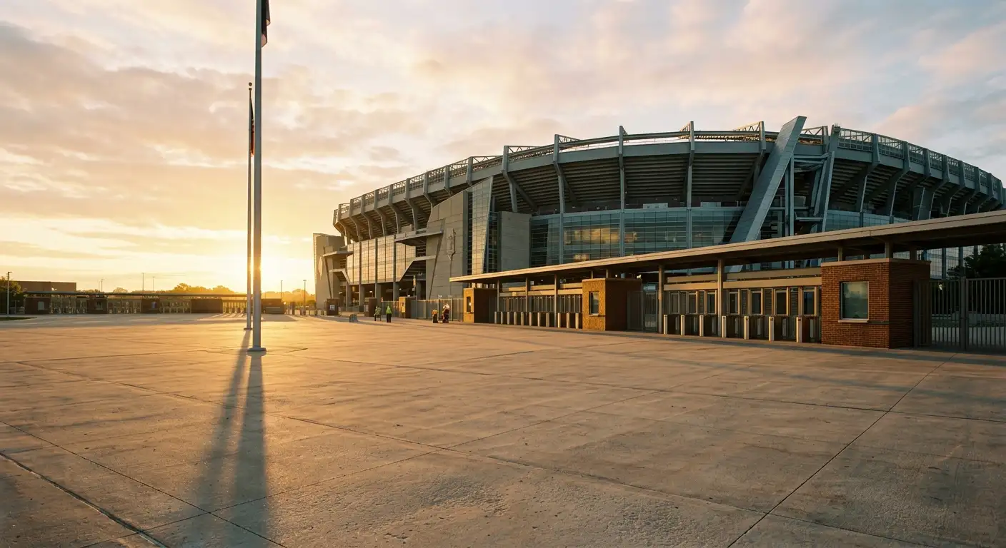 A dawn-lit football stadium before a knockout World Cup match