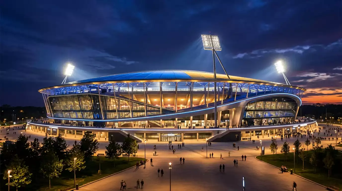A floodlit football stadium at dusk before an evening World Cup 2026 match