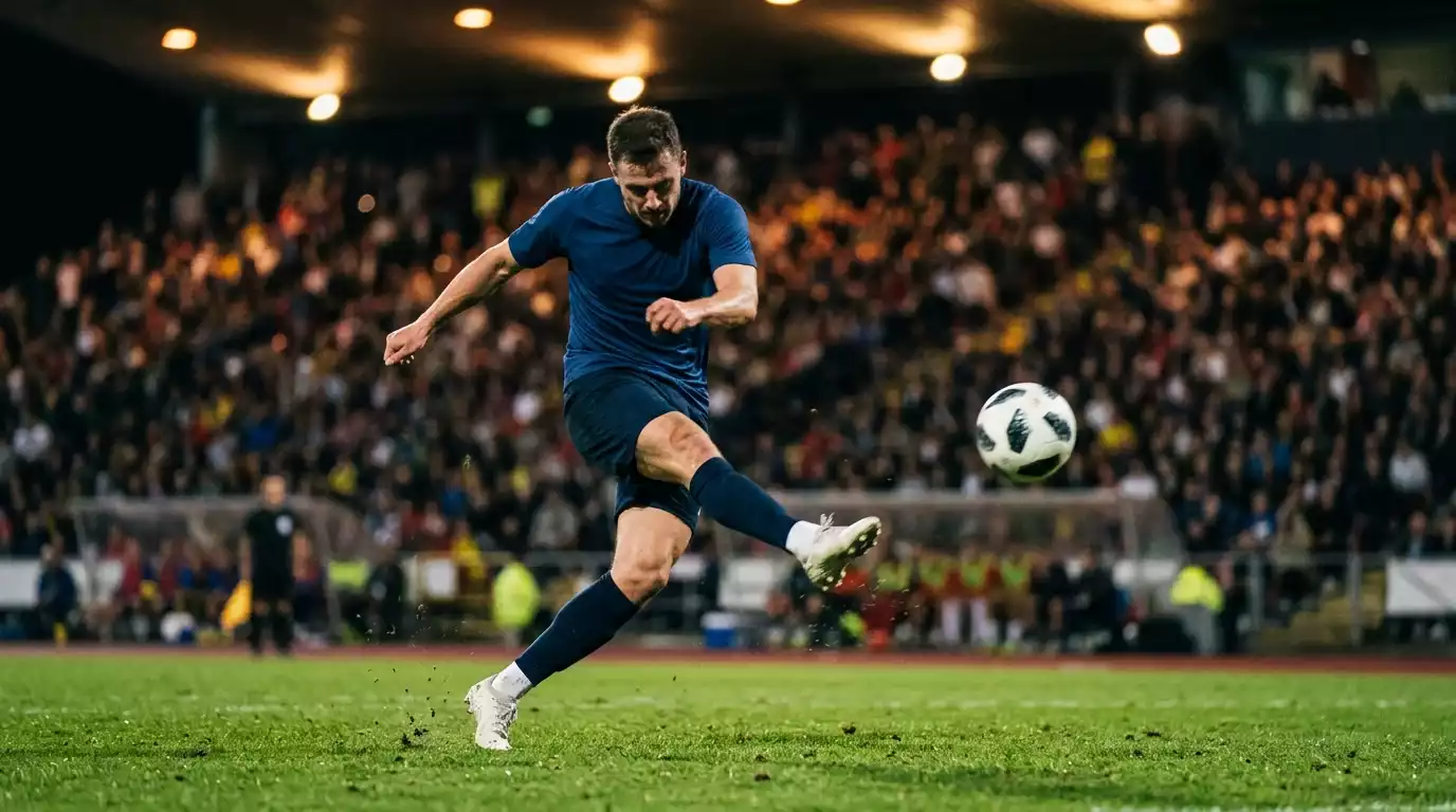 A footballer striking the ball during a floodlit international match