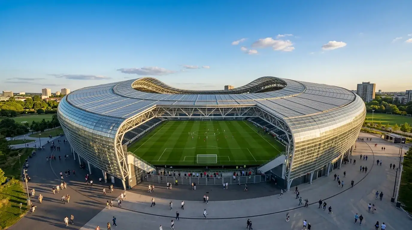 A football stadium under afternoon sun before a World Cup 2026 knockout match