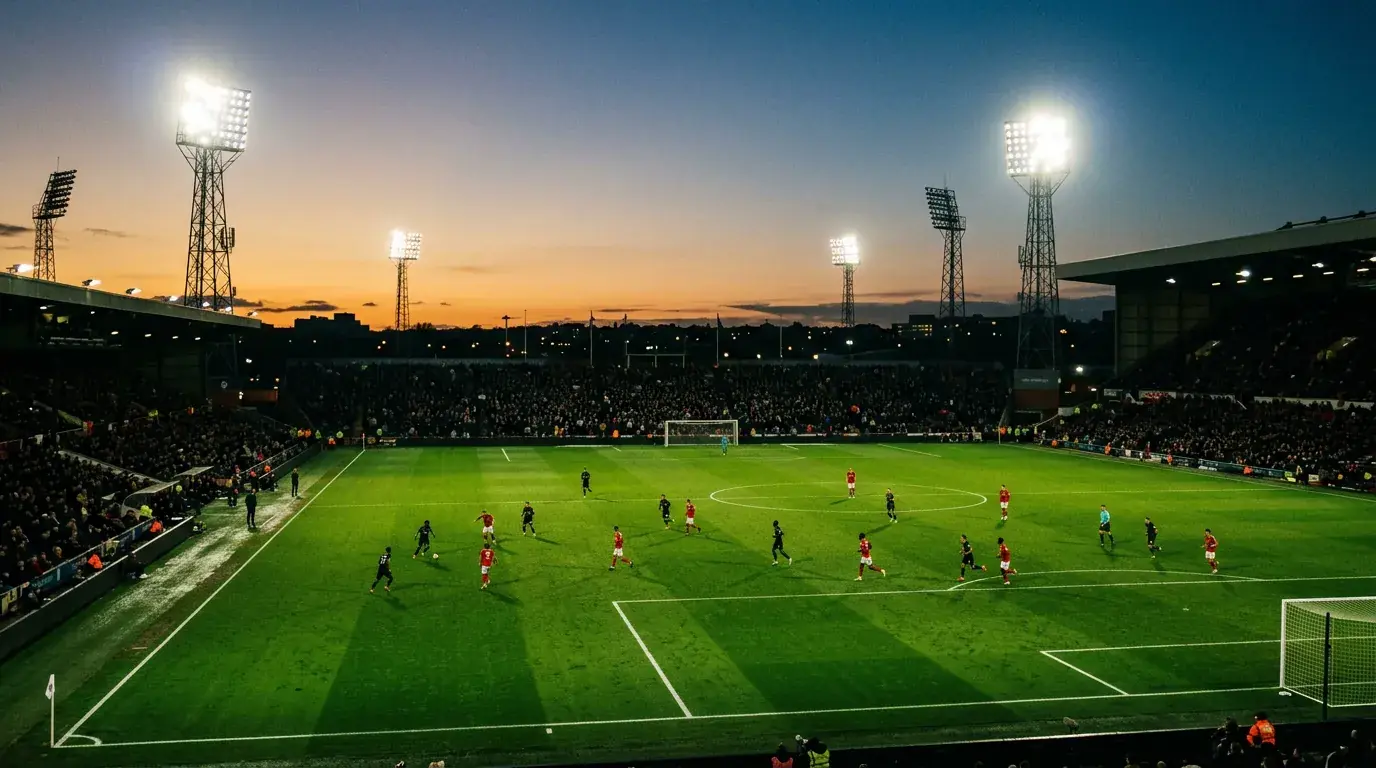 A football pitch at dusk with floodlights glowing during a World Cup 2026 match