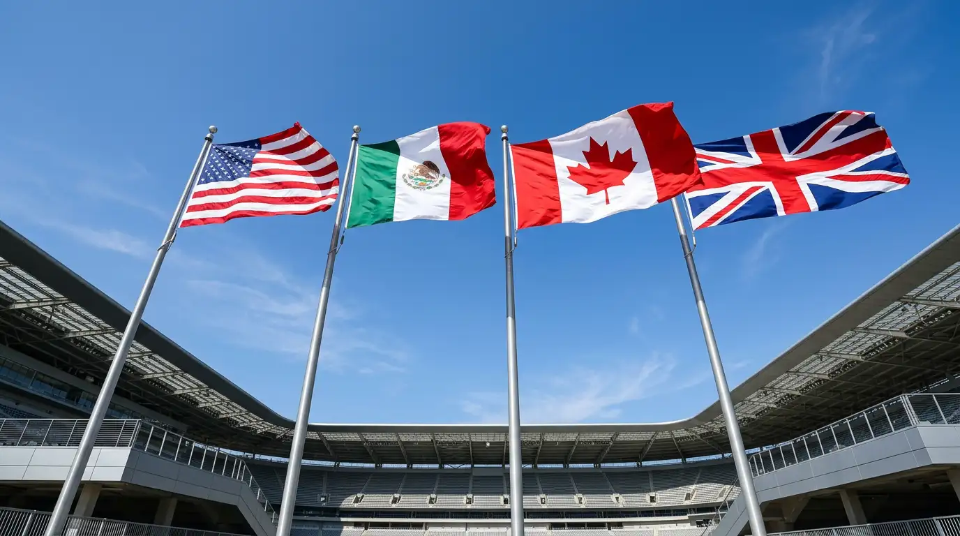 Four national flags flying side by side against a blue sky above a stadium