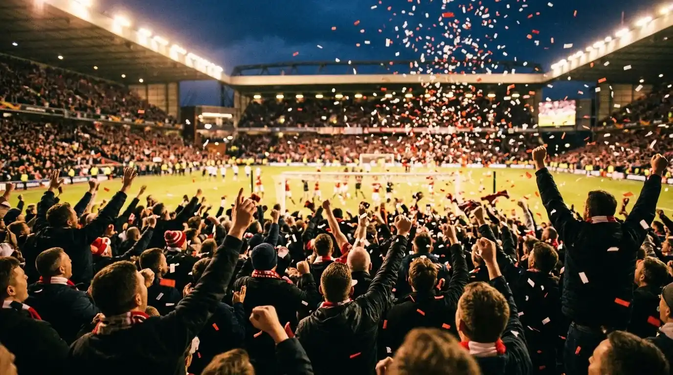 Fans celebrating a dramatic late goal in a World Cup 2026 stadium