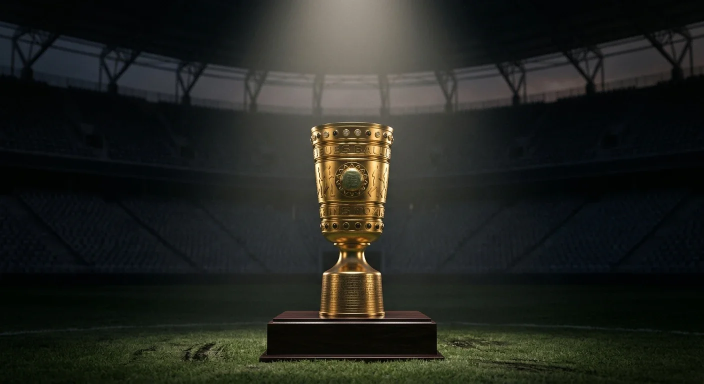 A World Cup trophy spotlit on a plinth inside a darkened stadium before the semi-finals
